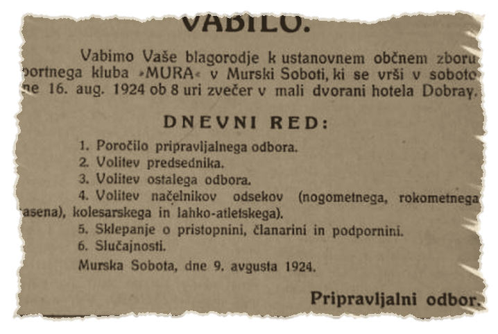 Časopisni izrezek: vabilo na ustanovni občni zbor kluba Mura, 1924